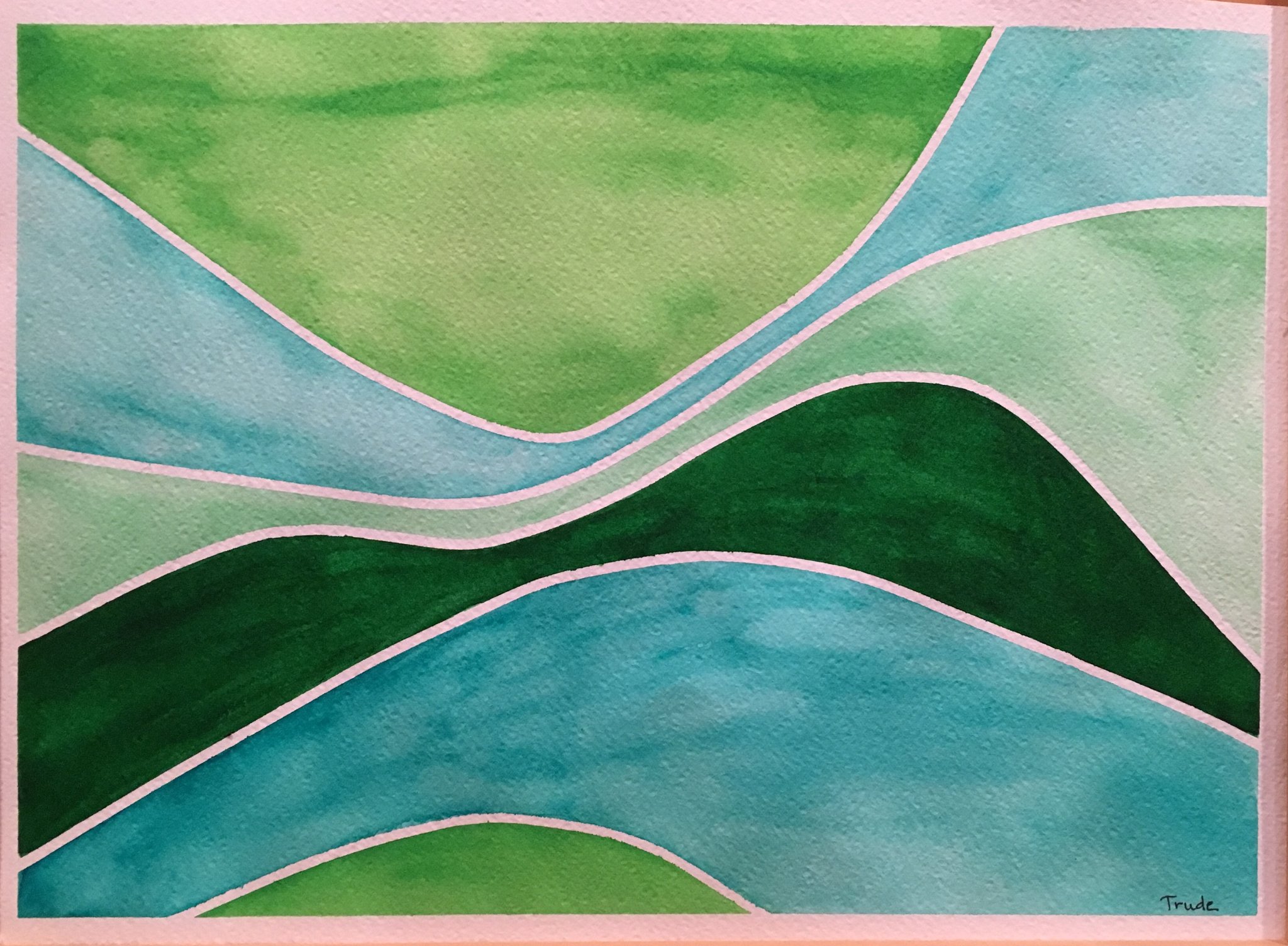 Wavy horizontal bands of teal, magenta and deep purple separated by white lines